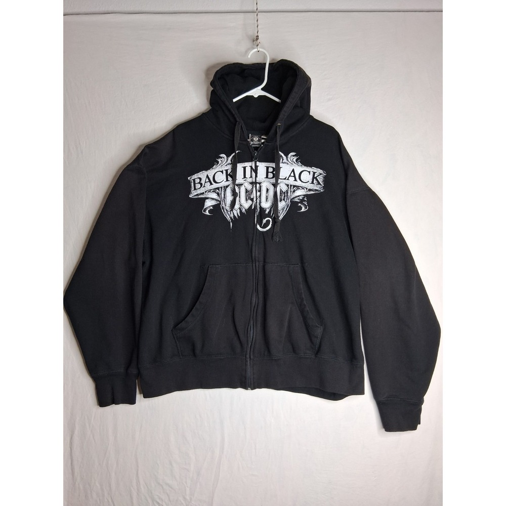 Vintage Y2K AC/DC Back In Black Zip‎ Up Hoodie Sweatshirt Men's M Broken Zipper